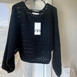 Zara 3/4 Crochet Knit Scoop Neck Sweater
